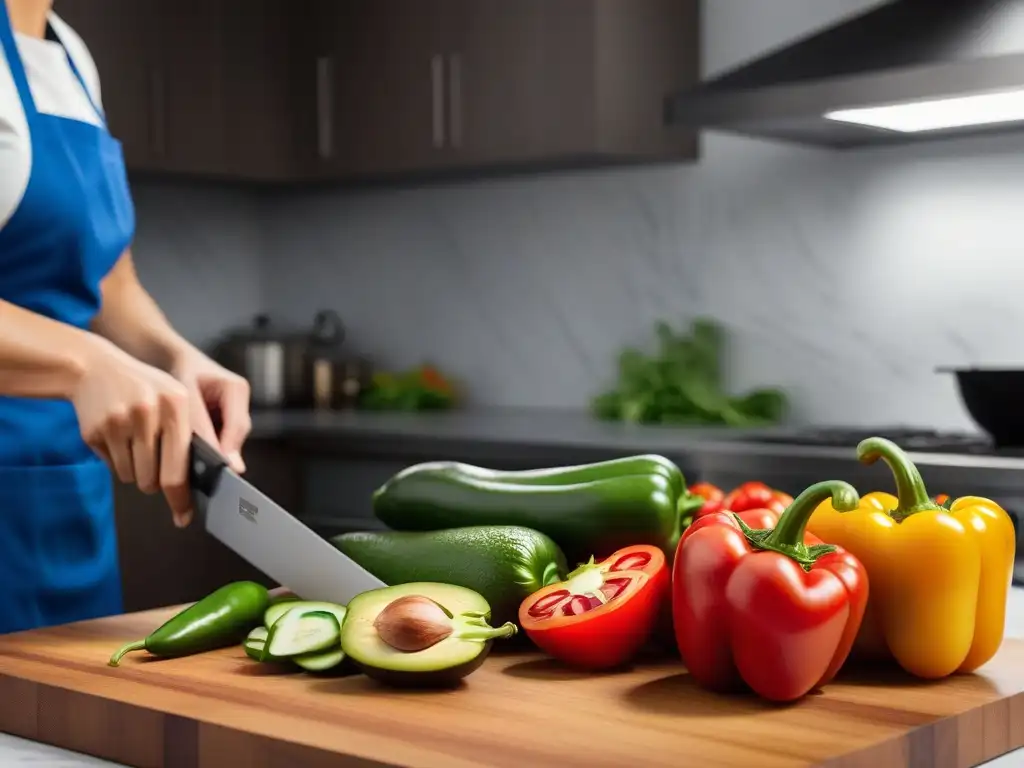 Un cocinero preparando recetas veganas fáciles y rápidas en una cocina vibrante y organizada, llena de vegetales frescos y coloridos