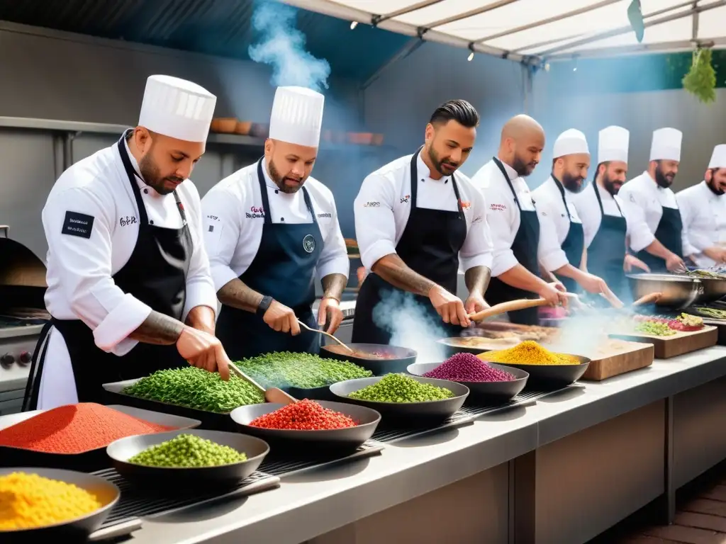 Cocineros en festival vegano crean platos coloridos rodeados de ingredientes frescos, transmitiendo inspiración festivales veganos cocina