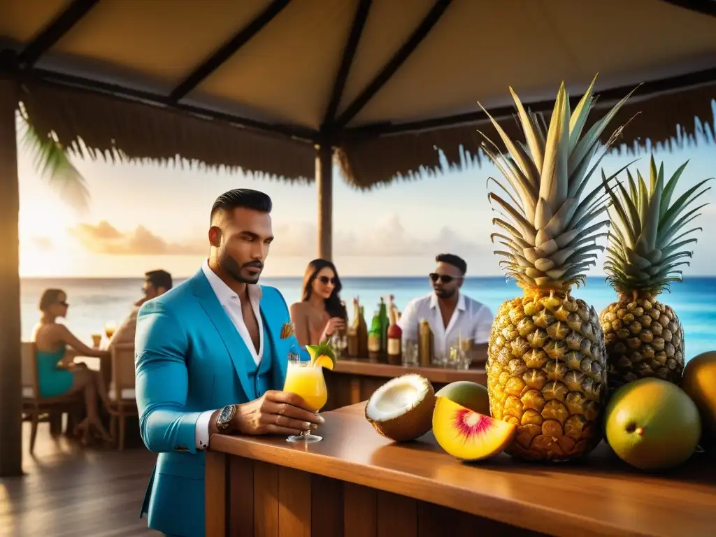 Disfruta de cócteles caribeños veganos refrescantes en un bar tropical con frutas exóticas y un atardecer dorado sobre el mar