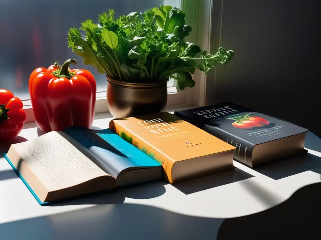 Una colección de libros de cocina vegana estacional bellamente diseñados en una cocina moderna y luminosa