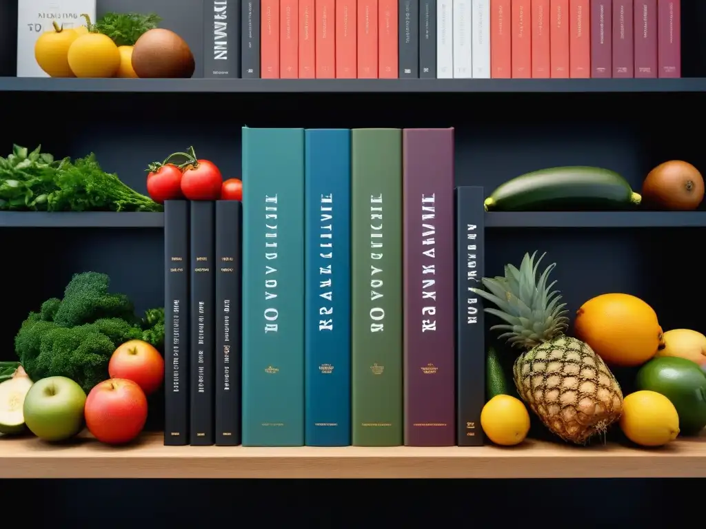Una colección de libros de cocina vegana con portadas vibrantes de frutas y verduras en un estante minimalista en una cocina soleada