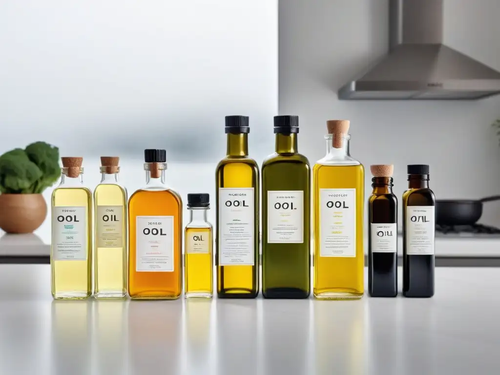 Una colección de los mejores aceites vegetales para cocina vegana, en botellas de colores vibrantes sobre una encimera minimalista