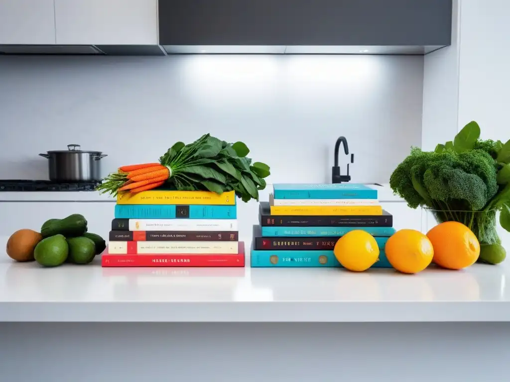 Una colección vibrante de libros de cocina veganos, repletos de superalimentos coloridos, en una encimera de cocina elegante