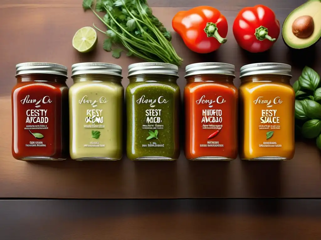 Una colección vibrante de salsas veganas caseras originales en tarros de vidrio, rodeados de hierbas frescas y verduras