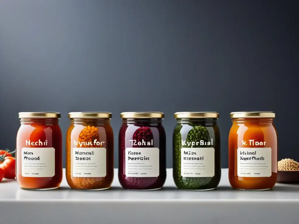 Una colección vibrante de superalimentos fermentados para veganos en tarros de vidrio, organizados en una elegante encimera de cocina minimalista