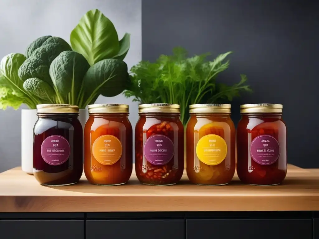 Una colección vibrante de tarros con alimentos veganos fermentados, resaltando la fermentación en recetas veganas