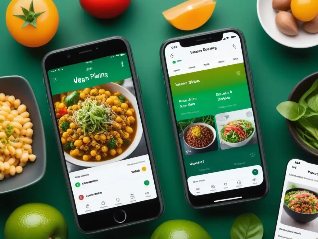 Collage de interfaces vibrantes de apps planificación menús veganos