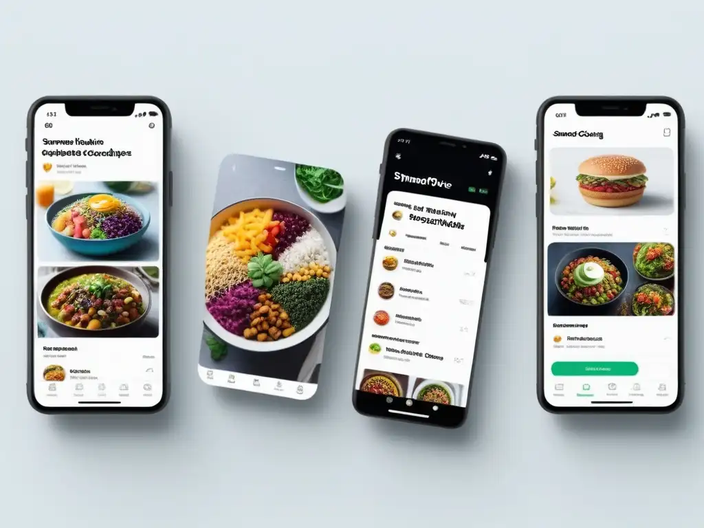 Collage moderno de apps cocina vegana fácil rápida con recetas coloridas y deliciosas en interfaces atractivas y reseñas brillantes de la comunidad vegana