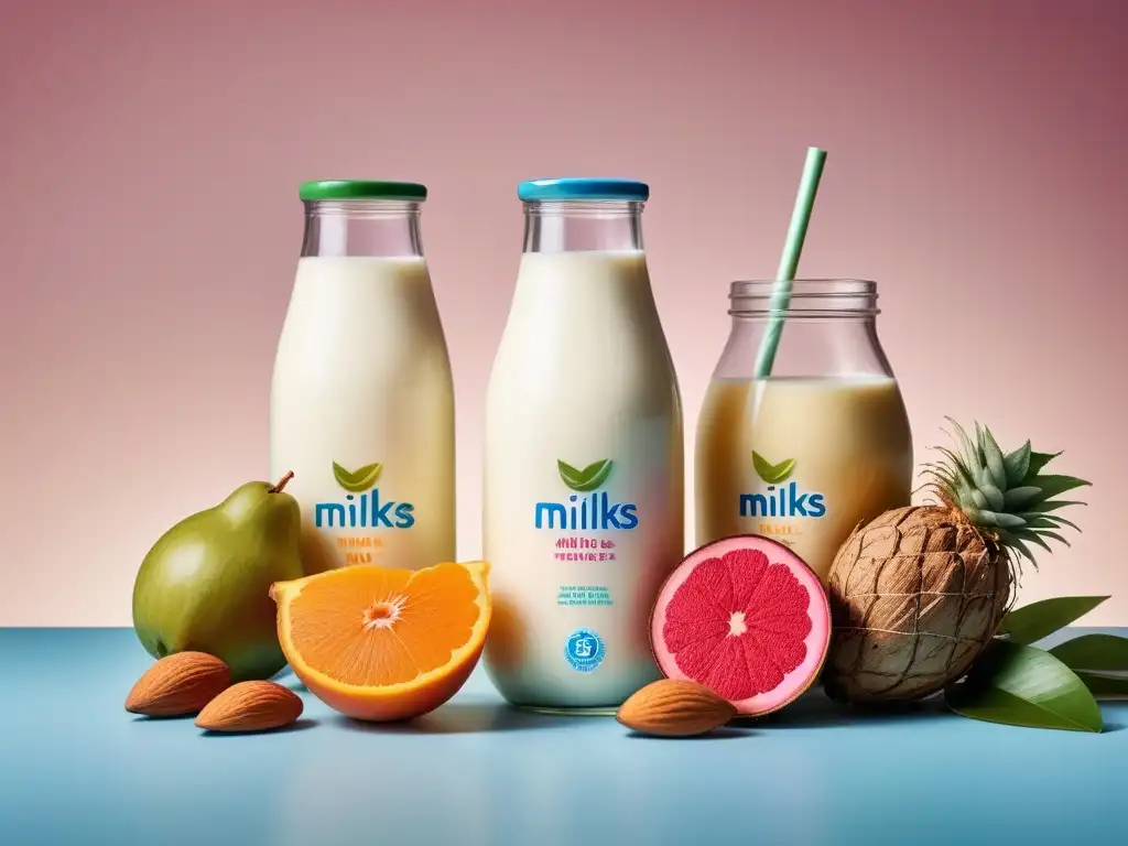 Colage de leches vegetales: almendra, soja, avena, coco, arroz Un collage moderno y vibrante de leches vegetales del mundo en elegantes botellas de vidrio, rodeadas de exuberante vegetación y frutas coloridas