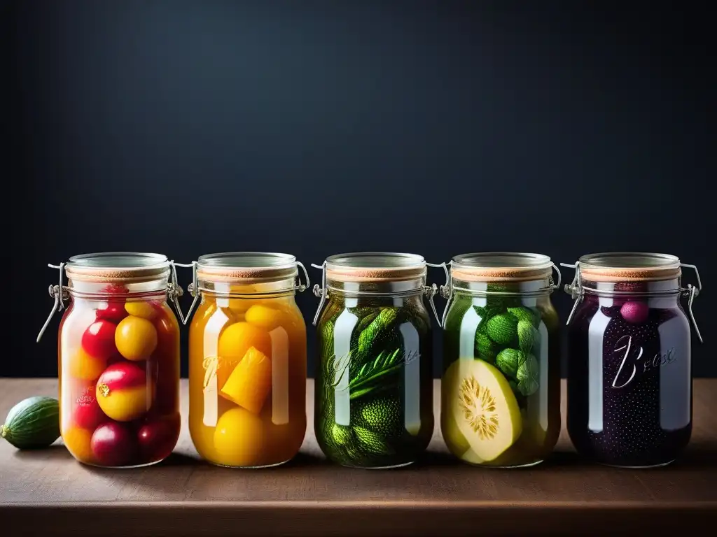 Colorida fermentación a baja temperatura vegana en frascos de vidrio con burbujas y texturas dinámicas