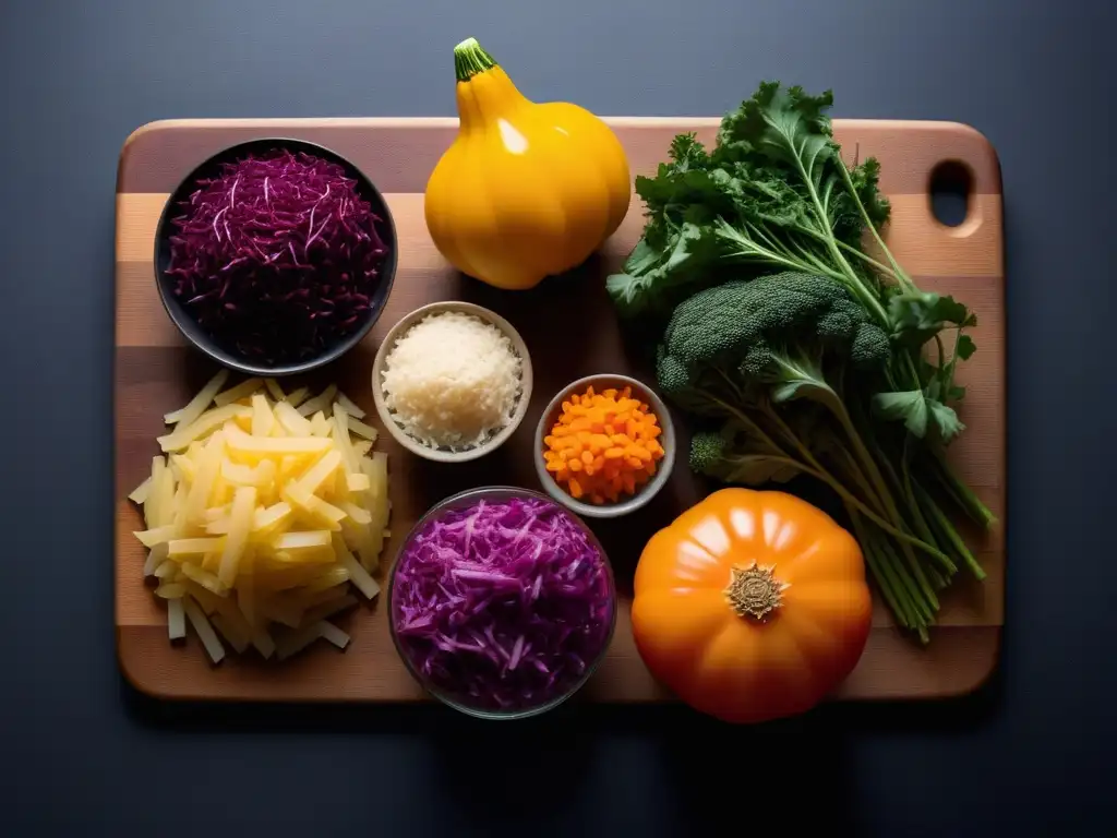 Preparación colorida de chucrut vegano receta fermentada con variedad de vegetales frescos cortados en tabla moderna