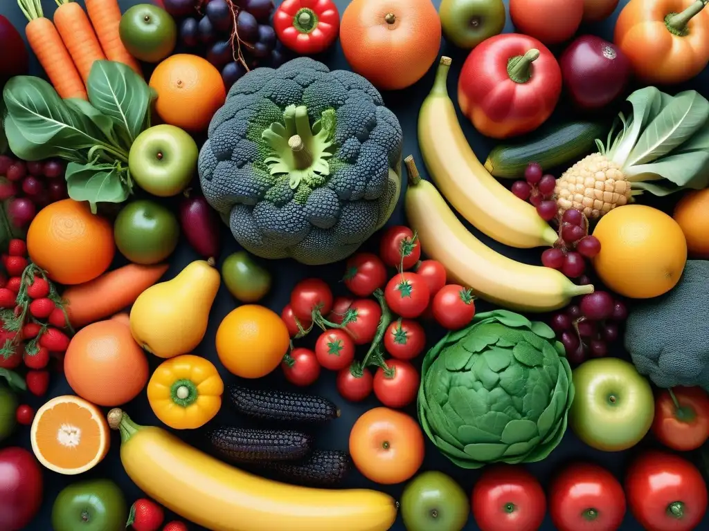 Una colorida ilustración detallada de frutas y verduras, simbolizando la riqueza y variedad de una dieta vegana para revertir diabetes