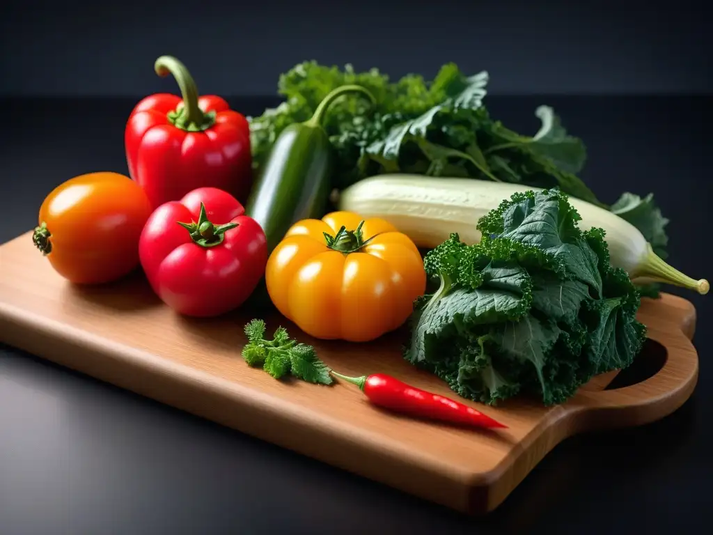 Una colorida y detallada imagen en 8k de vegetales frescos de temporada dispuestos artísticamente en una tabla de cortar de madera