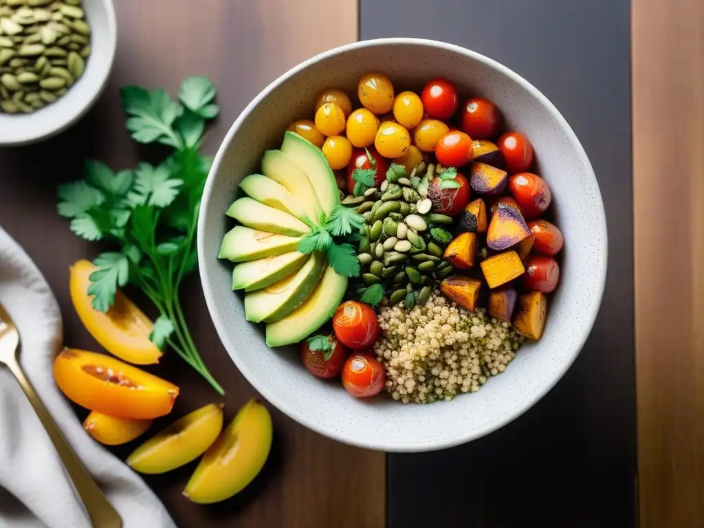 Una colorida ensalada de quinoa con ingredientes frescos y vibrantes en un elegante bowl blanco