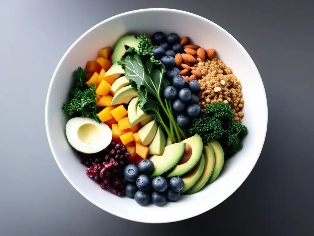 Una colorida ensalada arcoíris con superfoods veganos sistema inmunológico, frescos y vibrantes en un bol blanco minimalista