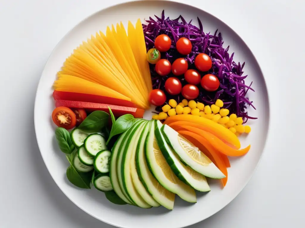 Una colorida ensalada vegana cruda en plato blanco, ideal para niños