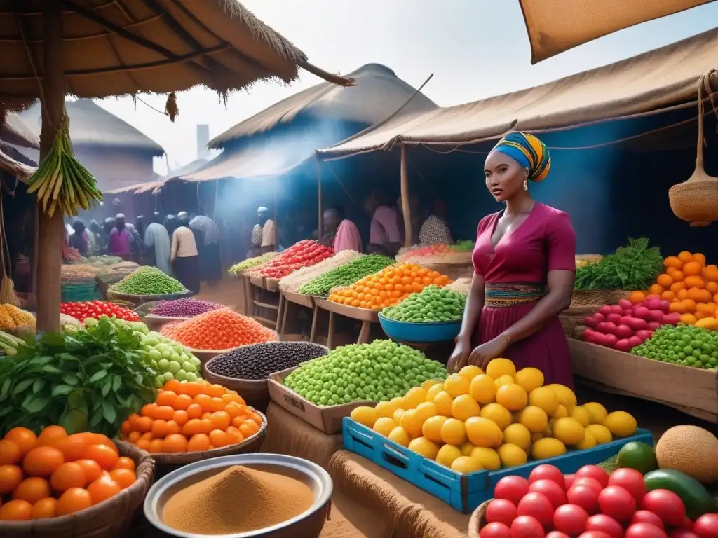 Una colorida escena de mercado africano con puestos de productos frescos, representando la evolución de la cocina vegana africana