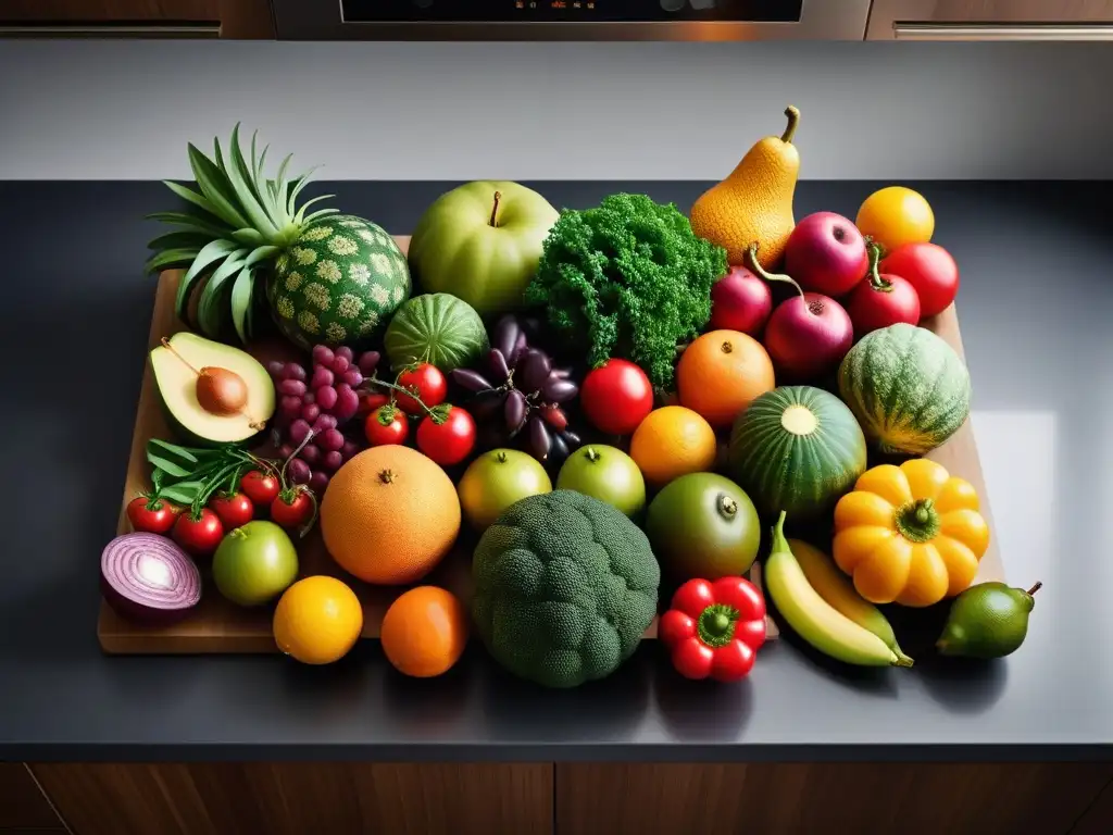 Una colorida y exótica colección de frutas y verduras en una cocina moderna