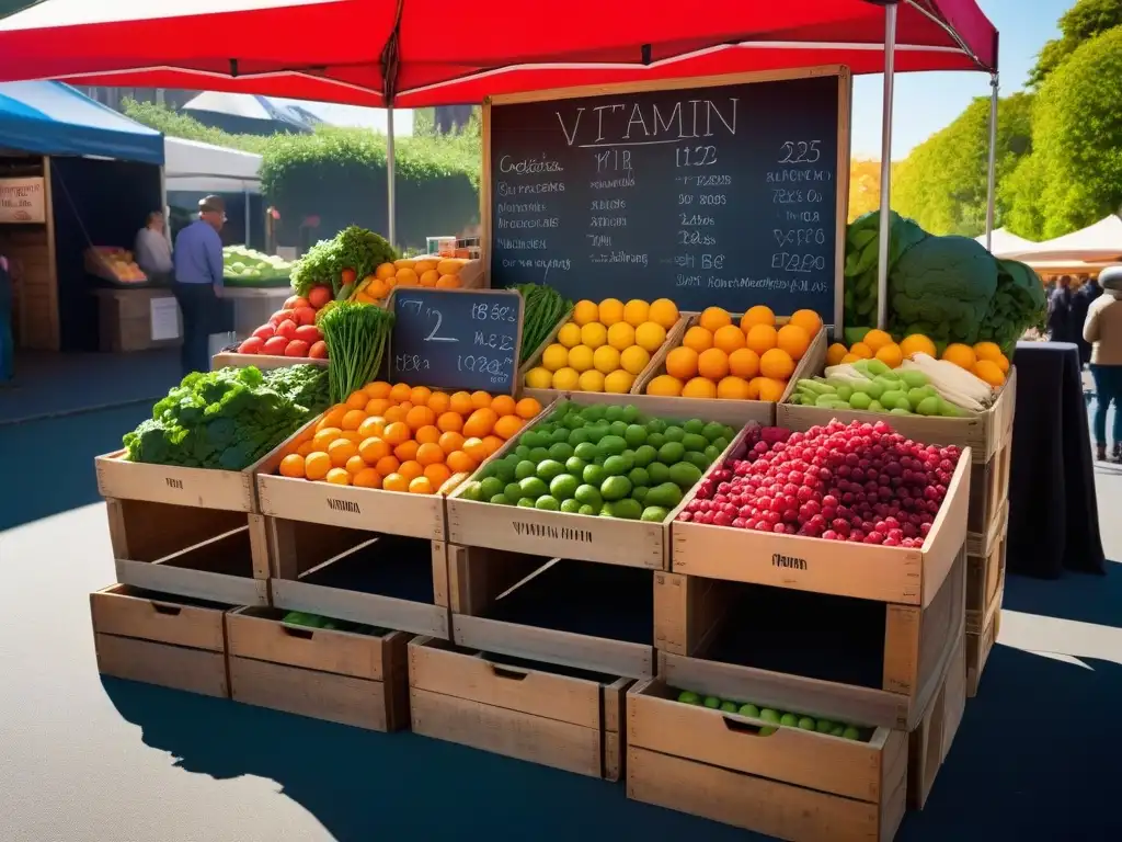 Una colorida feria de alimentos con frutas y verduras ricas en vitamina B12, mostrando la diversidad de clientes