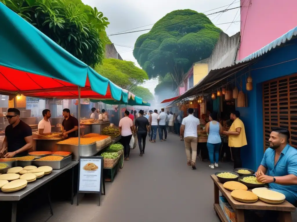 En una colorida feria callejera de América Latina, vendedores y clientes disfrutan de la historia de la cocina vegana