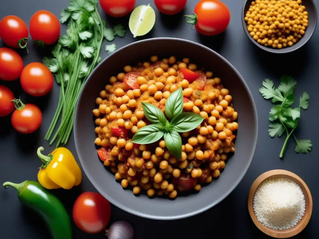 Una colorida y fresca receta Chana Masala Vegano Fácil, con ingredientes vibrantes y saludables en una cocina moderna