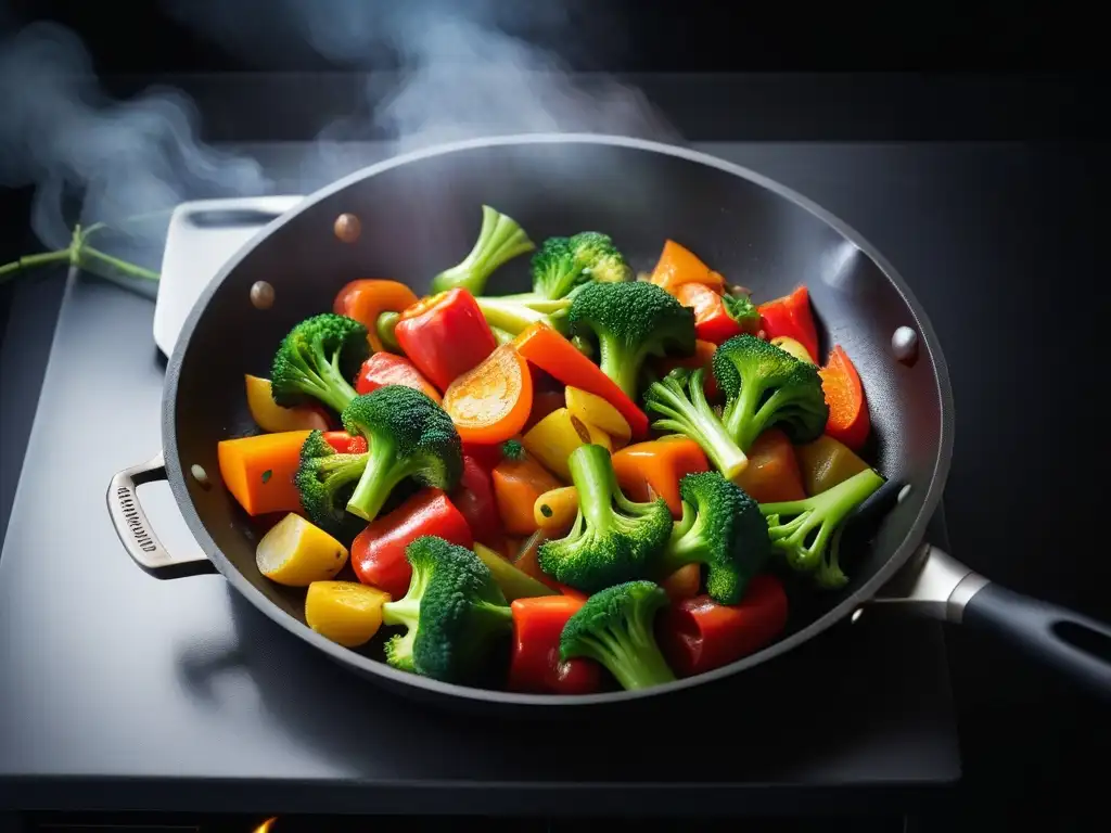 Una colorida mezcla de verduras frescas salteadas sin aceite en sartén, representando la esencia de la cocina vegana sin aceite