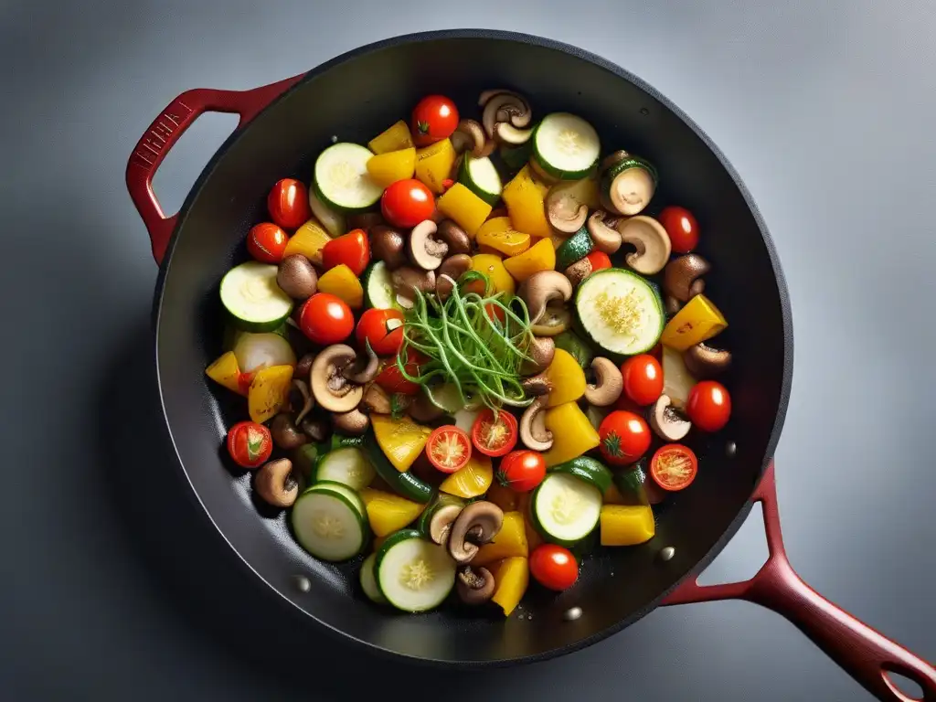 Una colorida mezcla de verduras frescas salteadas en sartén, resaltando la belleza del cocinar vegano