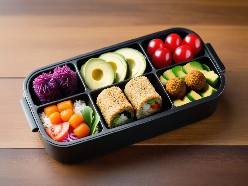 Una colorida y moderna caja bento con opciones veganas divertidas para niños, incluyendo sushi de verduras, brochetas de frutas y mini falafel