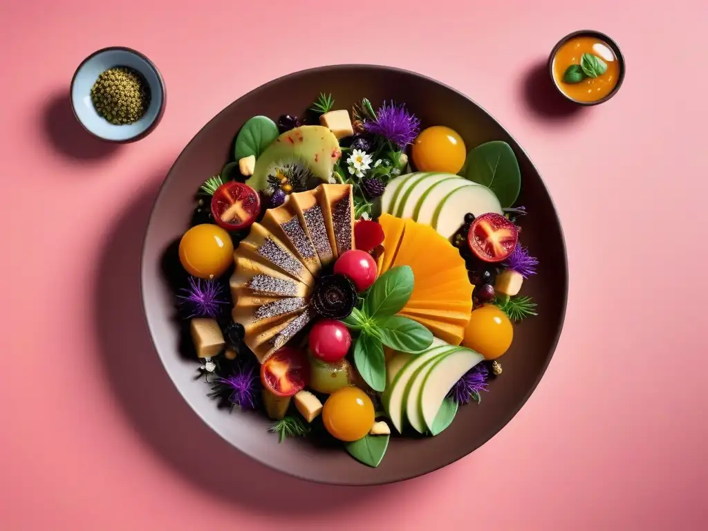 Una colorida y moderna colage digital de platos veganos gourmet, resaltando la innovación de la gastronomía vegana en revistas digitales