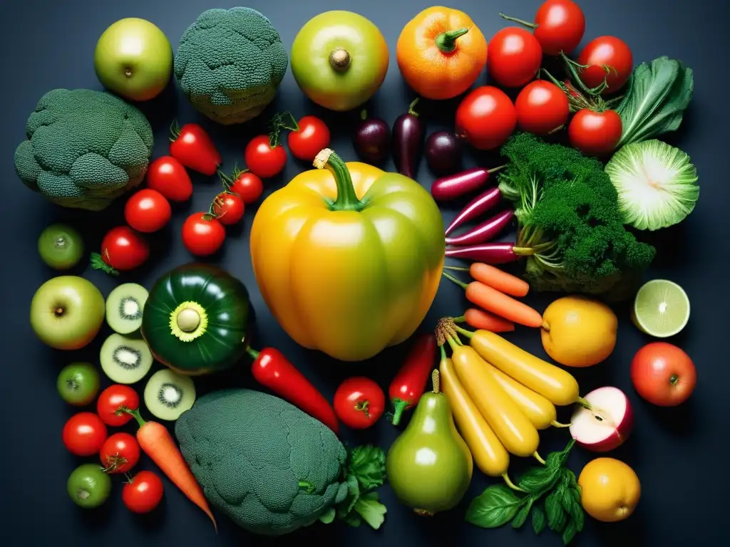 Una colorida y moderna composición de frutas y verduras, que refleja la esencia de la nutrición vegana