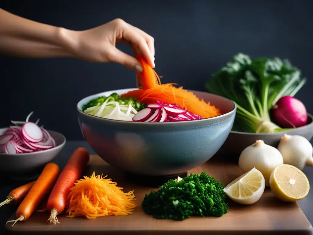 Una colorida y moderna composición de ingredientes para kimchi vegano en una cocina minimalista