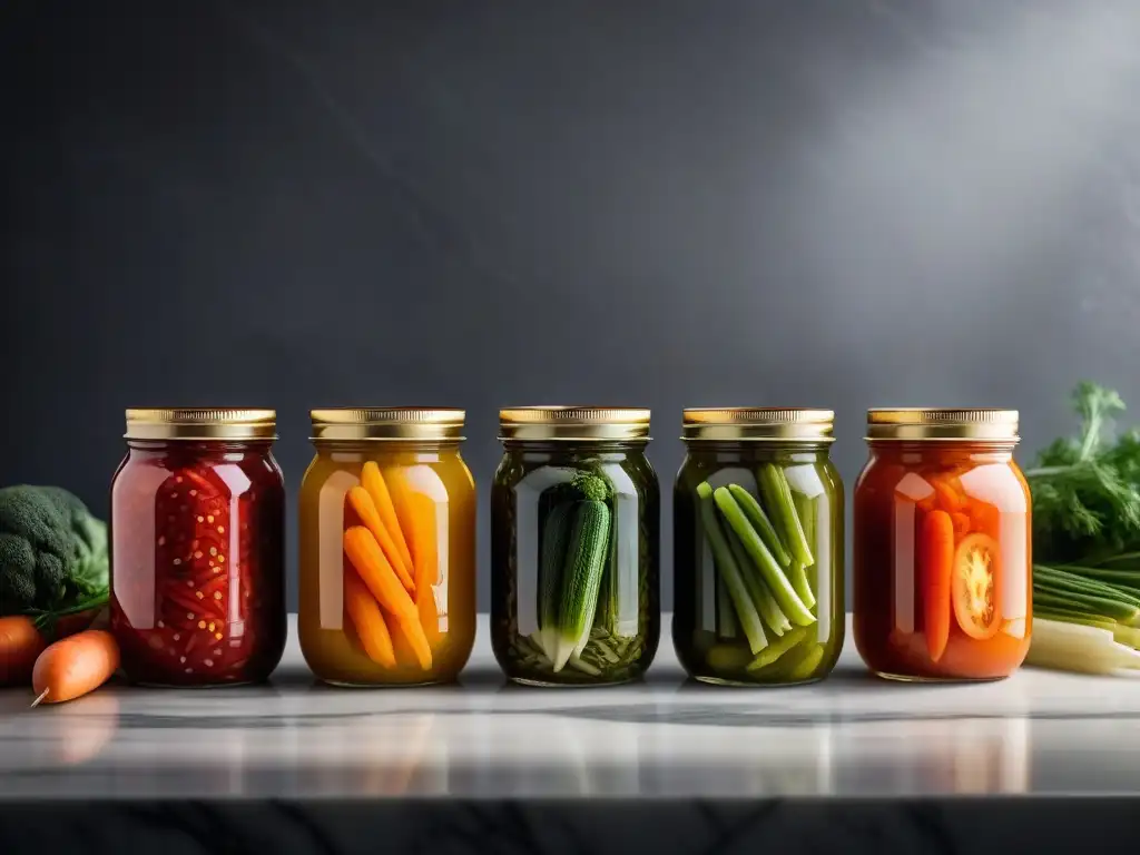 Una colorida y moderna muestra de vegetales veganos lactofermentados en elegantes frascos de vidrio sobre una encimera de mármol