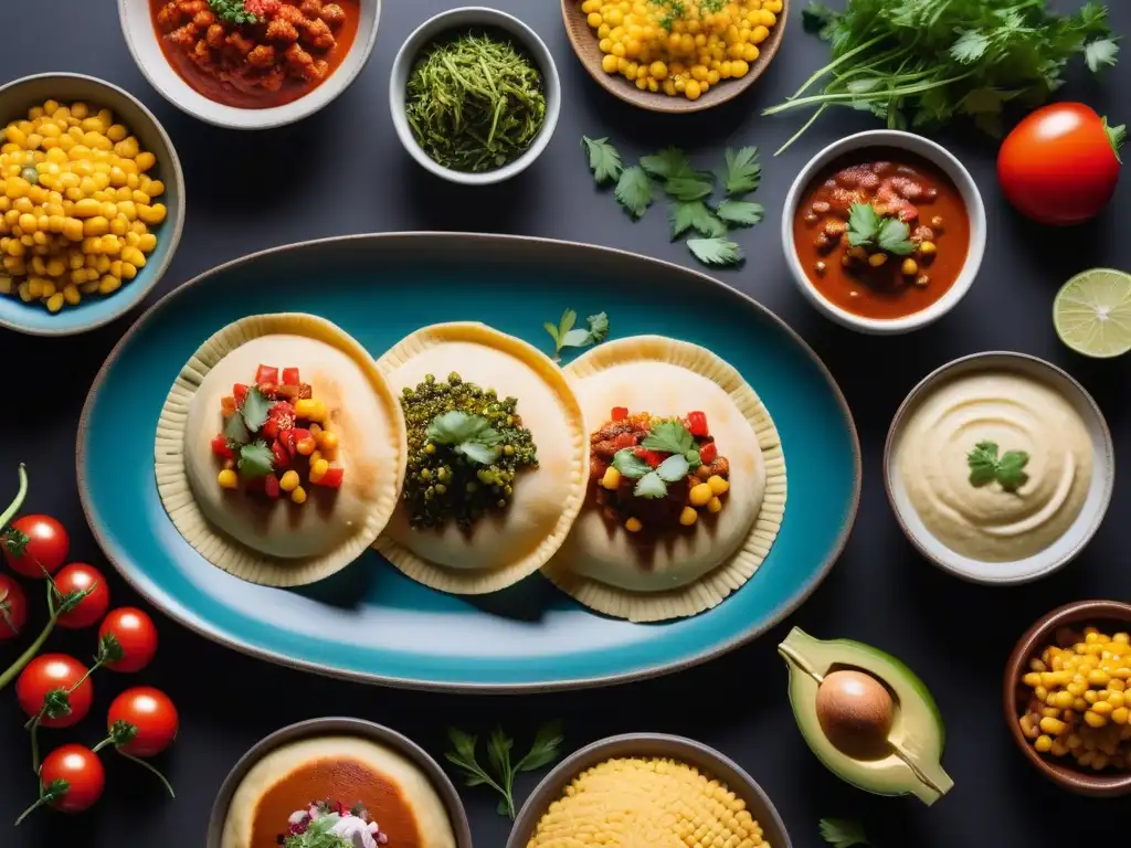 Una colorida y moderna vista de recetas con harina de maíz vegana: arepas, tamales y empanadas, adornadas con hierbas frescas y vegetales