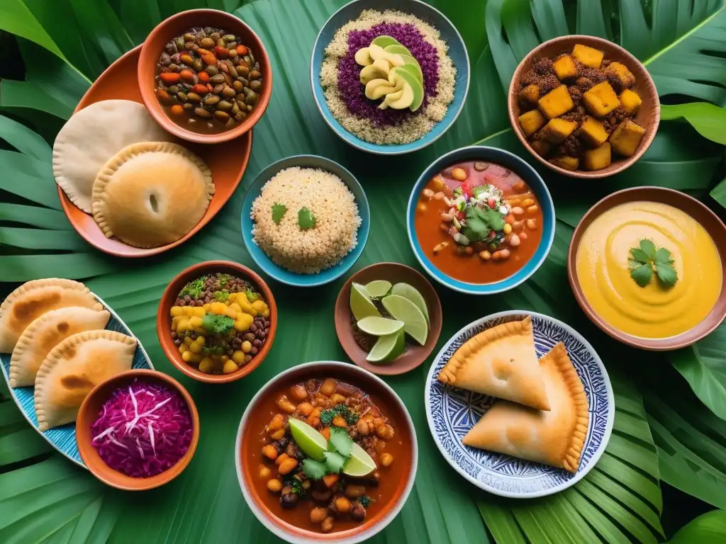 Una colorida muestra de la gastronomía vegana en Sudamérica con platos tradicionales en cerámica vibrante