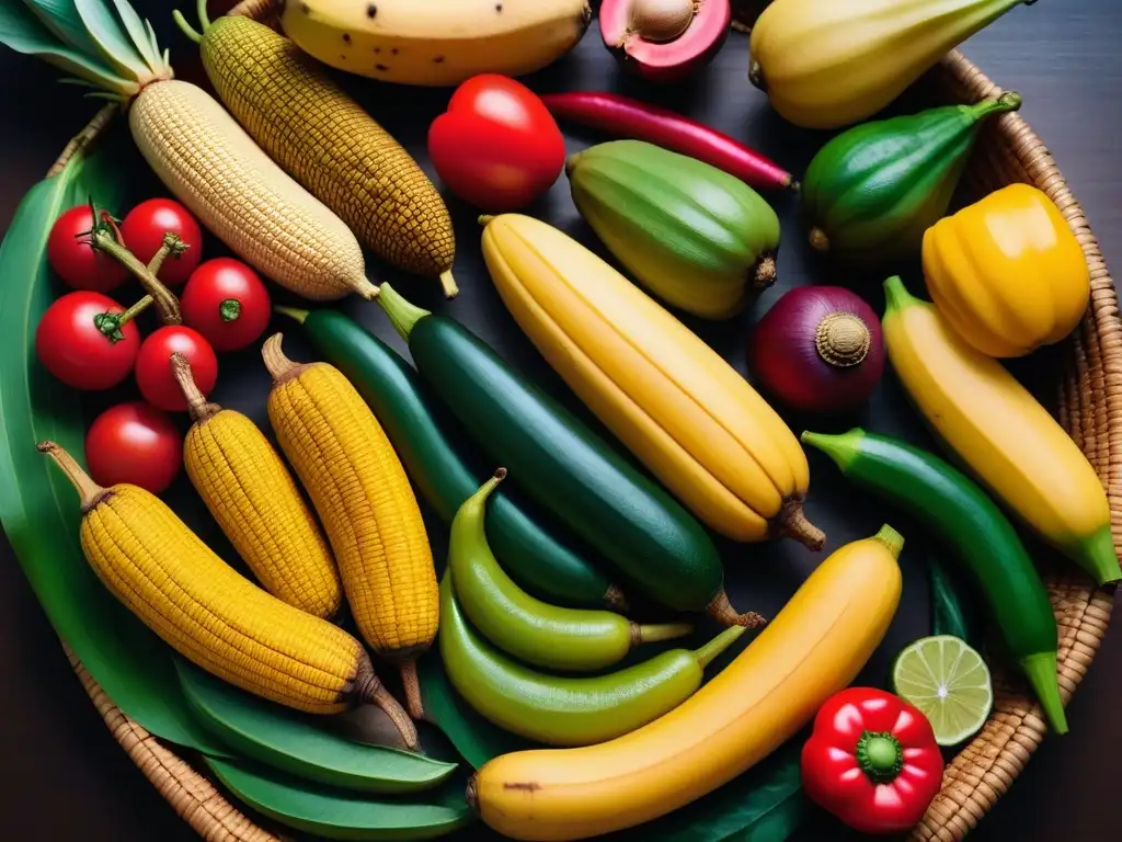 Una colorida obra de arte con influencia africana en la cocina vegana caribeña, mostrando una variedad de frutas y verduras