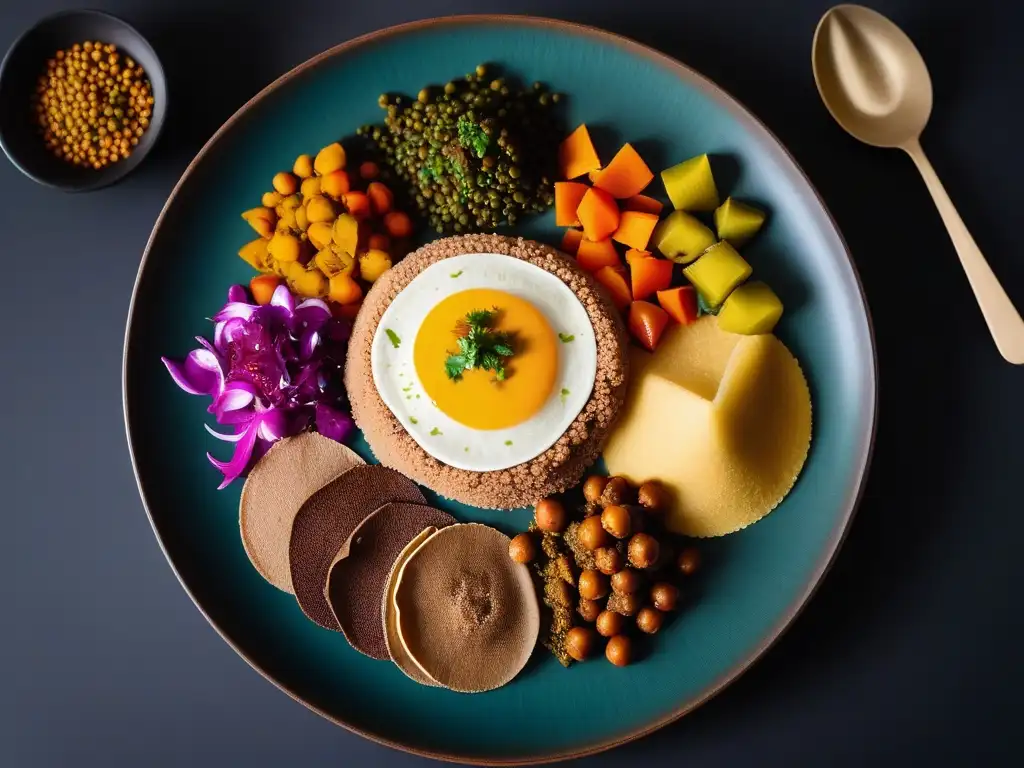 Una colorida presentación de un plato etíope vegano innovador con injera y guisos tradicionales, inspirado en la cocina vegana etíope innovadora