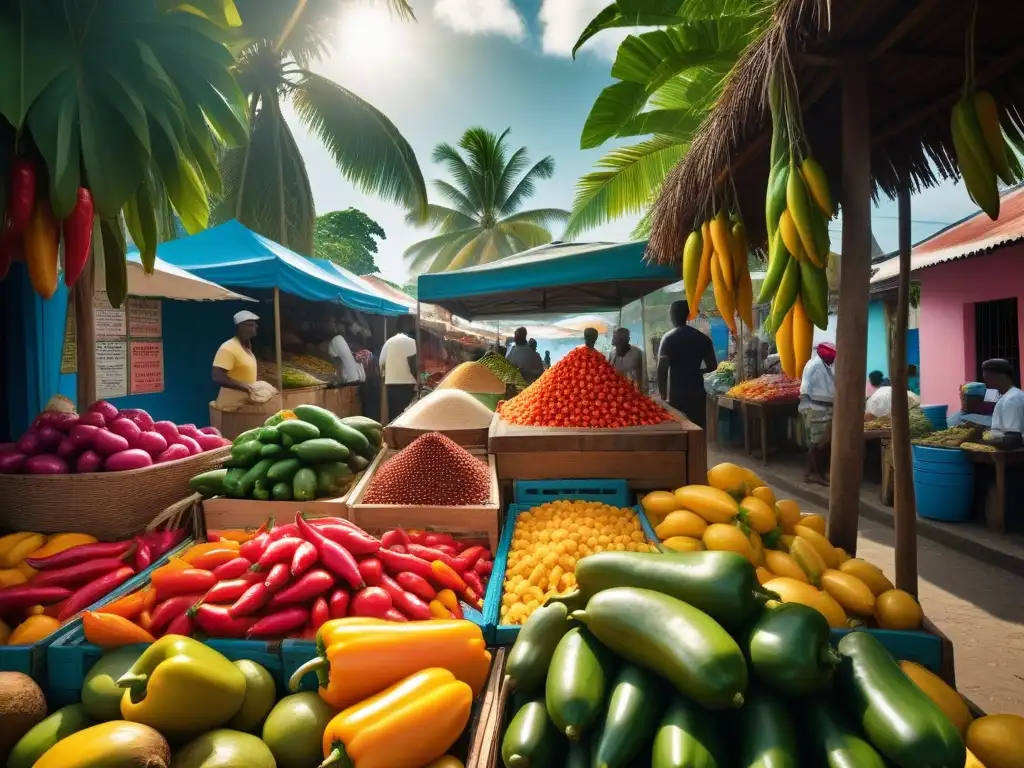 Colorida puesto de mercado caribeño con ingredientes veganos subestimados