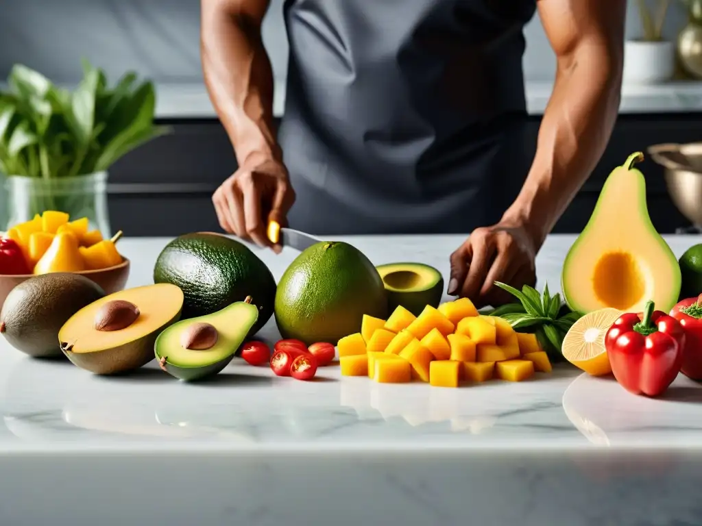 Colorida preparación de recetas gastronomía vegana caribeña con frutas tropicales frescas en cocina soleada