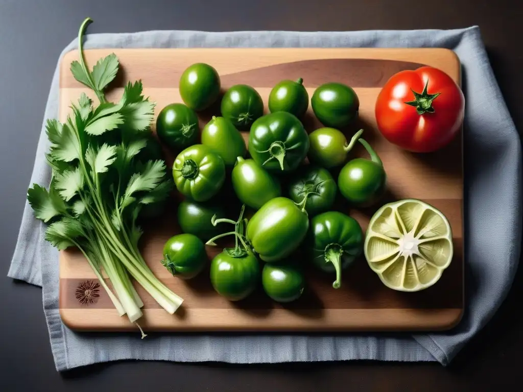 Preparación colorida de salsa verde vegana receta fácil: tomatillos, jalapeños, cilantro, cebolla, ajo y limón en tabla de cortar de madera