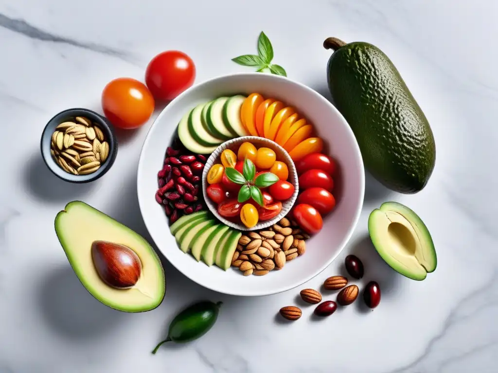 Una colorida selección de ingredientes frescos para snacks veganos crudos saludables, dispuestos con detalle en una elegante encimera de mármol