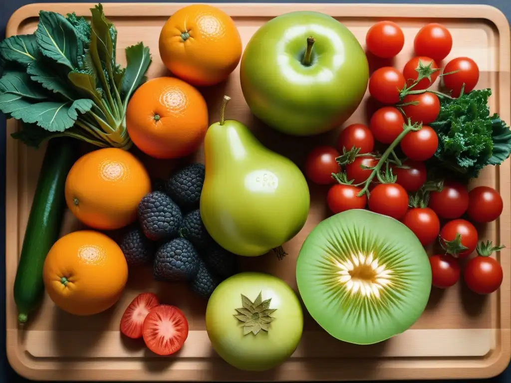 Una colorida transición a dieta vegana saludable: frescos frutos y verduras cortados en tabla de madera, listos para saborear