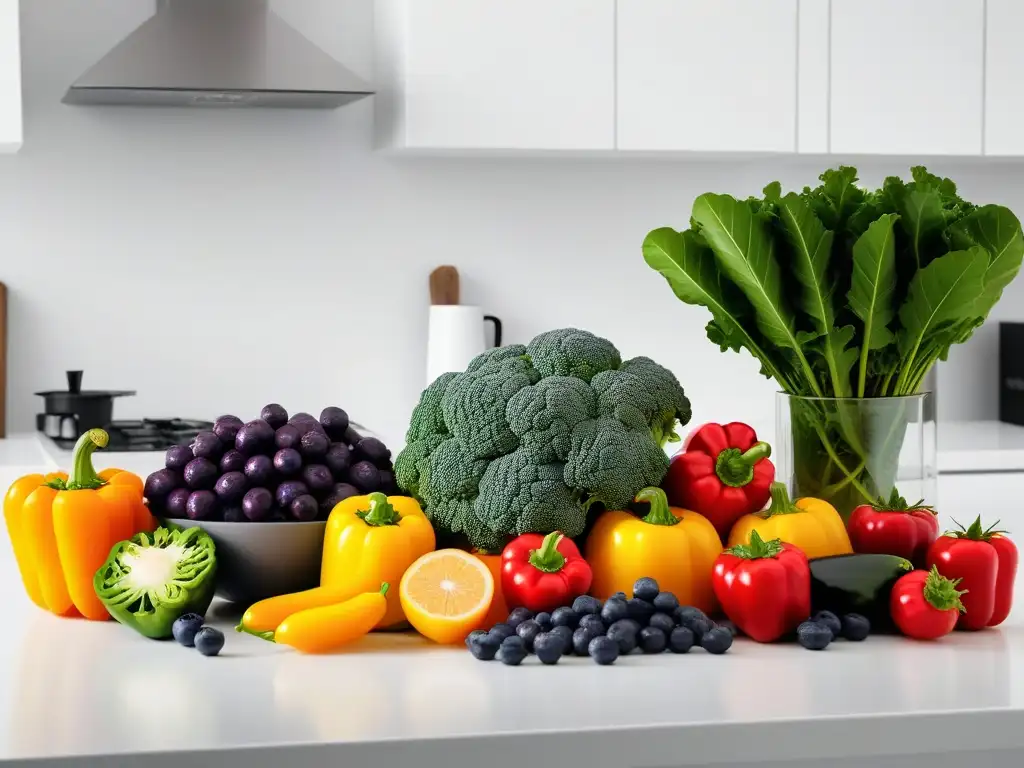 Una colorida variedad de frutas y verduras antioxidantes en una cocina moderna, transmitiendo los beneficios antioxidantes de la dieta vegana