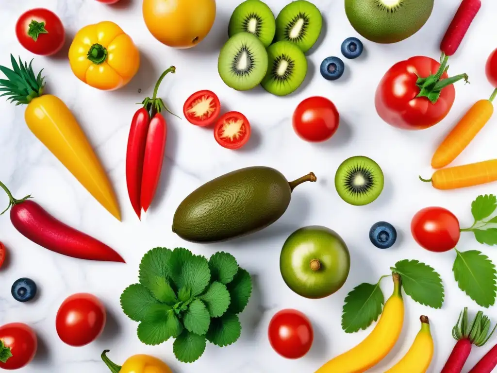 Una colorida variedad de frutas y verduras frescas en un patrón atractivo sobre mármol blanco