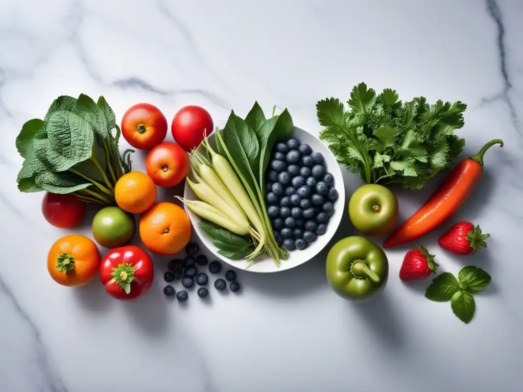 Una colorida variedad de frutas y verduras en un elegante mostrador de mármol