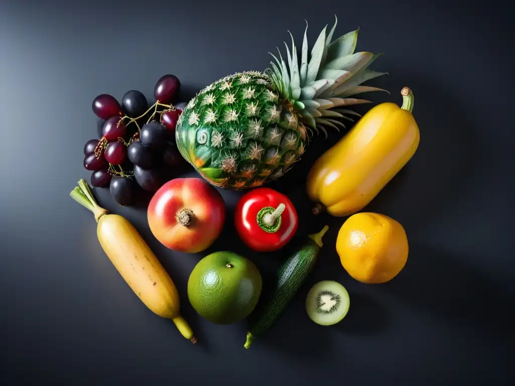 Colorida variedad de frutas y verduras con contenido de minerales traza en cocina moderna