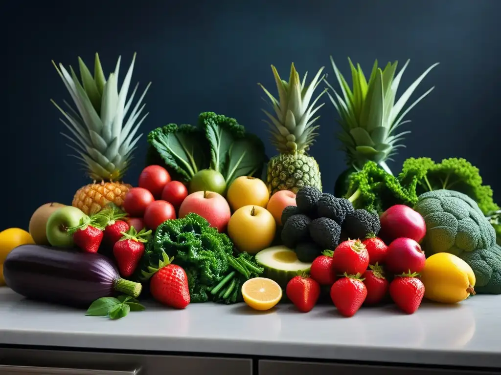 Una colorida variedad de frutas y verduras frescas en una cocina moderna, desmintiendo mitos deficiencias dieta vegana nutricionales