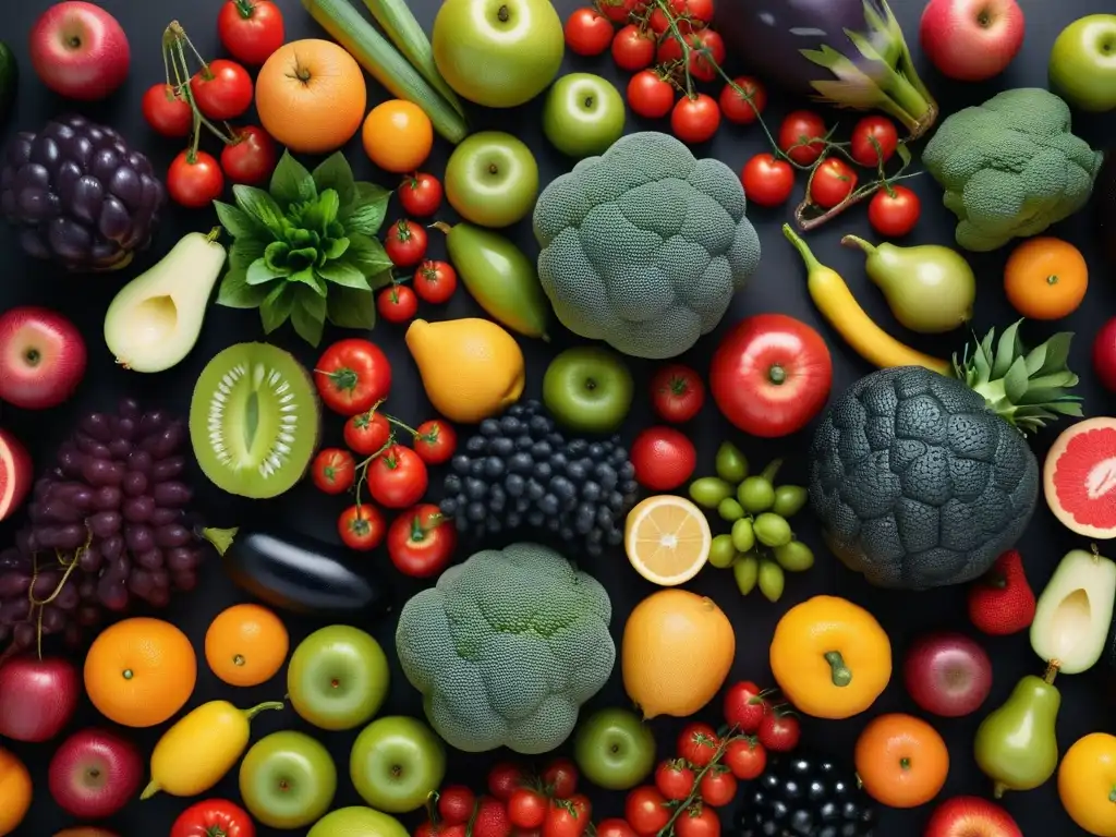 Una colorida variedad de frutas y verduras frescas en un patrón intrincado, con gotas de agua brillando