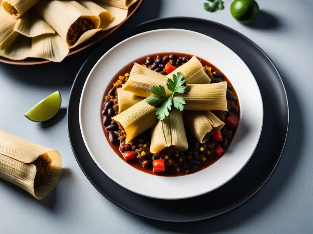 Una colorida variedad de tamales veganos de Latinoamérica en un plato blanco, con rellenos y decoraciones exquisitas