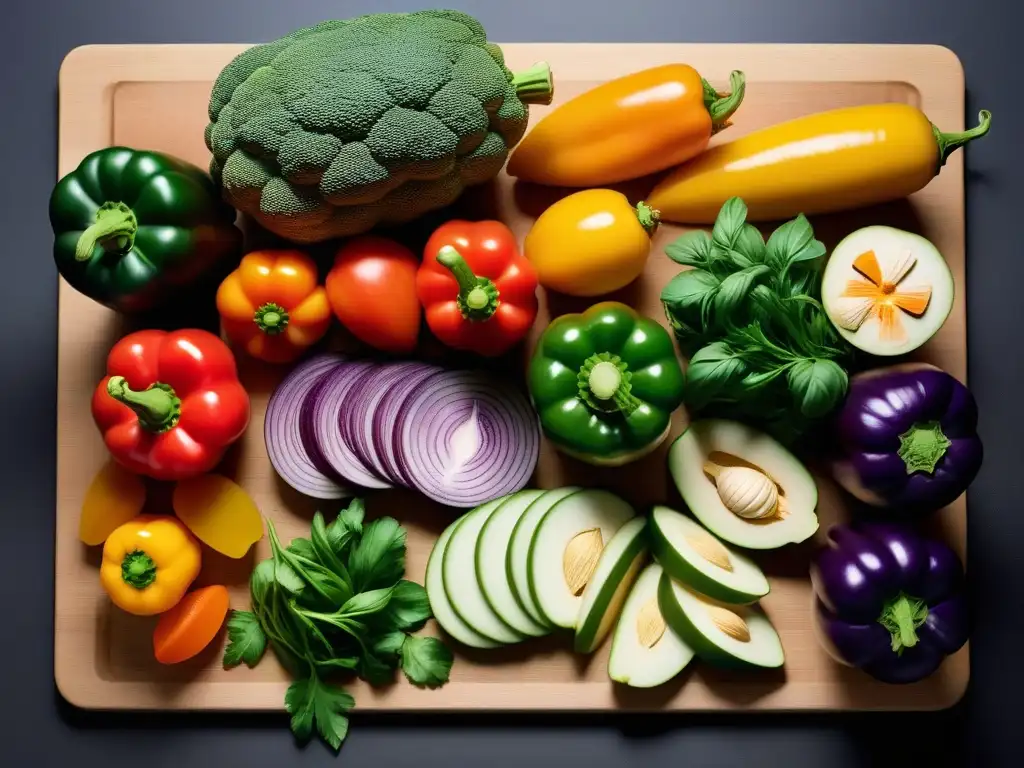 Una colorida variedad de verduras frescas cortadas y organizadas en una tabla de cortar moderna