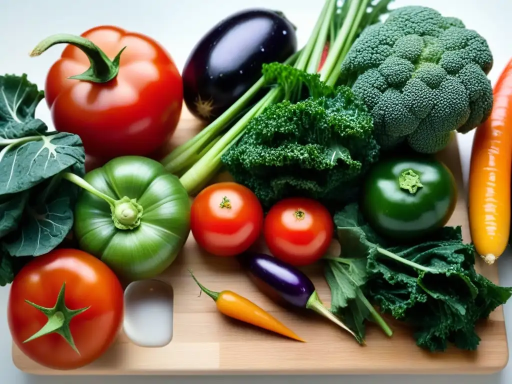 Una colorida variedad de verduras frescas sobre tabla de cortar de madera con gotas de agua